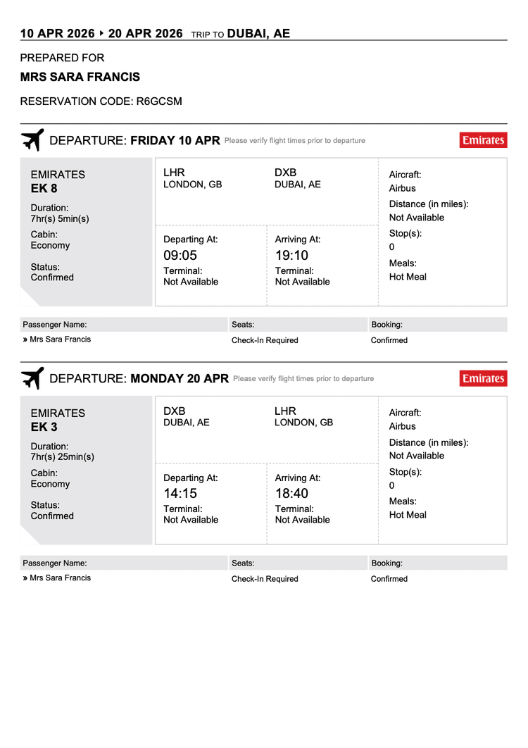 Sample flight itinerary for visa application — Emirates booking format with live PNR